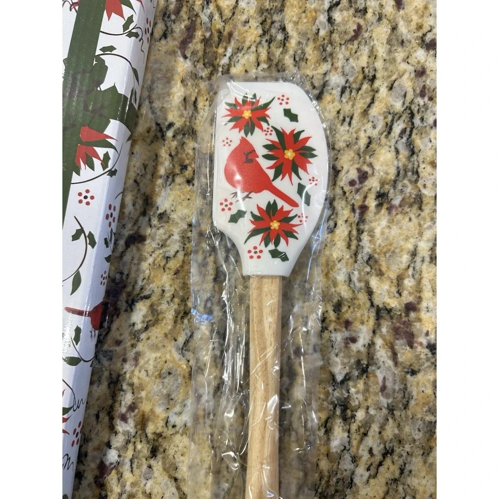 Temptations Christmas Poinsettias & Cardinal  Silicone Spatula Wooden Handle NIB